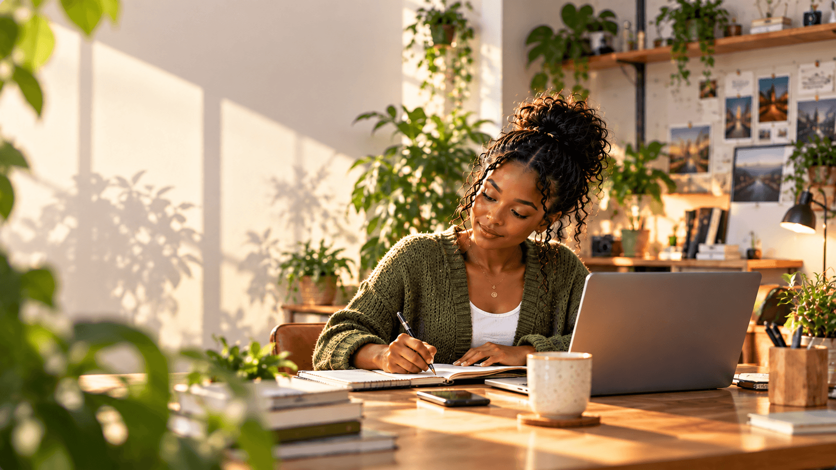 Someone drafting content at a desk, laptop open